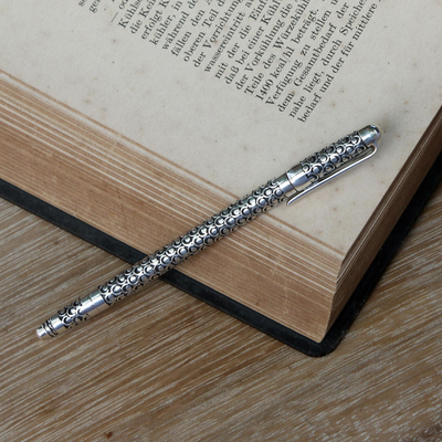 Sterling Silver Horseshoe Motif Black Ink Ball-Point Pen, 'Fortune Suns