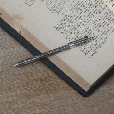Sterling silver ballpoint pen, 'Tulis Vines' - Handmade Sterling Silver Ballpoint Writing Pen