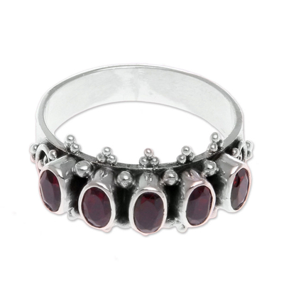 Garnet multi-stone ring, 'Velvet Crown' - Handcrafted Five Oval Garnet Gemstone Sterling Silver Ring