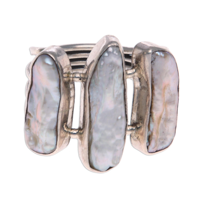 Cultured pearl cocktail ring, 'Laut Queen' - Triple Cultured Pearl Sterling Silver Cocktail Ring