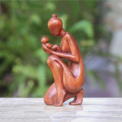 Wood sculpture, 'Newborn Wonder' - Hand-Carved Suar Wood Newborn Wonder Motherhood Sculpture