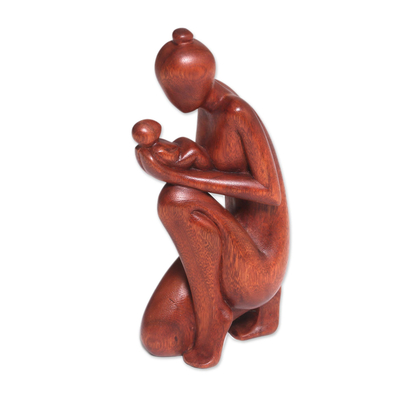 Wood sculpture, 'Newborn Wonder' - Hand-Carved Suar Wood Newborn Wonder Motherhood Sculpture