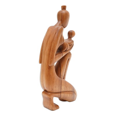 Holzskulptur - Handgeschnitzte Wunder-Mutterschaftsskulptur aus Suar-Holz für Neugeborene