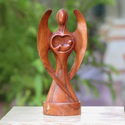Escultura en madera - Escultura de ángel guardián bebé de madera de suar tallada a mano