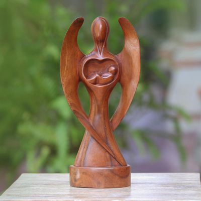 Holzskulptur - Handgeschnitzte Baby-Schutzengel-Skulptur aus Suar-Holz