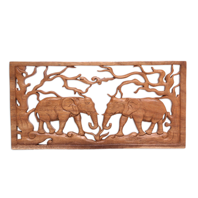 Wood relief panel, 'Elephant Woods' - Elephants Among Trees Hand Carved Wood Relief Panel