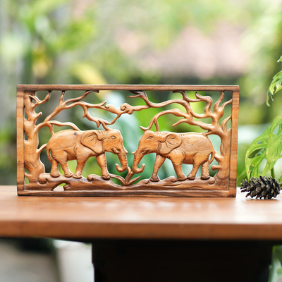 Wood relief panel, 'Elephant Woods' - Elephants Among Trees Hand Carved Wood Relief Panel