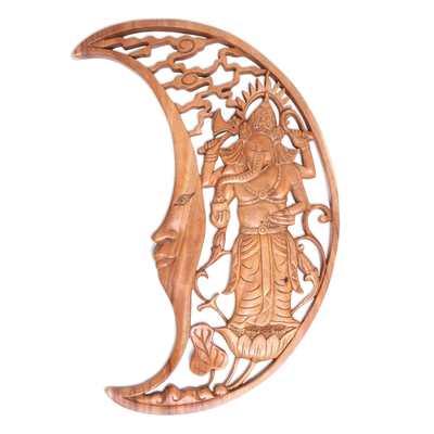 Wood relief panel, 'Ganesha Moon' - Ganesha in Crescent Moon Hand Carved Wood Relief Panel