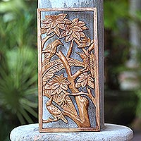 Wood relief panel, 'Songbird Friends' - Three Birds in Tree Hand Carved Wood Relief Panel from Bali