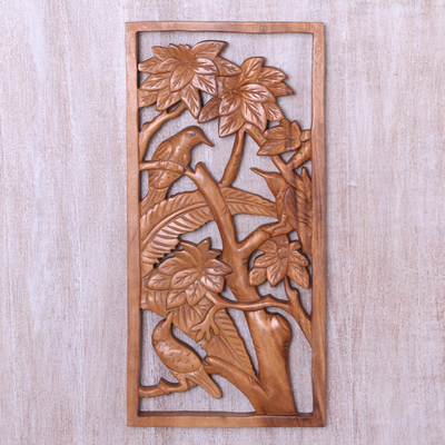 Wood relief panel, 'Songbird Friends' - Three Birds in Tree Hand Carved Wood Relief Panel from Bali