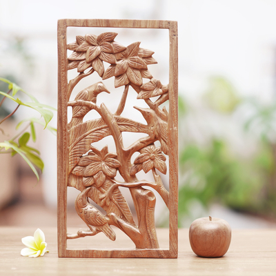 Panel en relieve de madera - Tres pájaros en un árbol Panel en relieve de madera tallada a mano de Bali