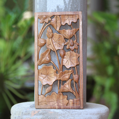Wood relief panel, 'Graceful Lily' - Budding Lily Pads in Pond Hand Carved Wood Relief Panel