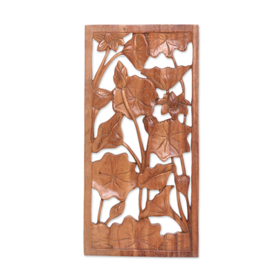 Wood relief panel, 'Graceful Lily' - Budding Lily Pads in Pond Hand Carved Wood Relief Panel