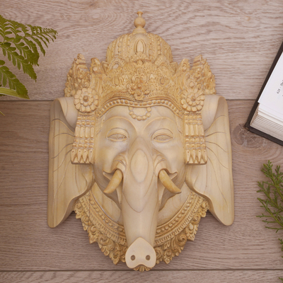 Wood mask, 'Ganesha's Majesty' - Crocodile Wood Mask of Ganesha from India