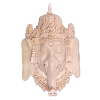 Máscara de madera, 'Ganesha's Majesty' - Máscara de madera de cocodrilo de Ganesha de la India