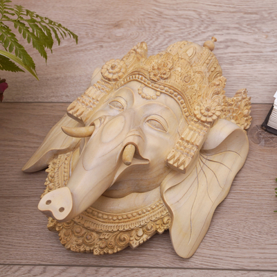 Holzmaske, 'Ganeshas Majestät' - Krokodilholzmaske von Ganesha aus Indien