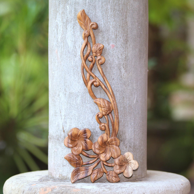 Wood relief panel, 'Frangipani Flourish' - Hand Carved Floral Suar Wood Wall Relief Panel