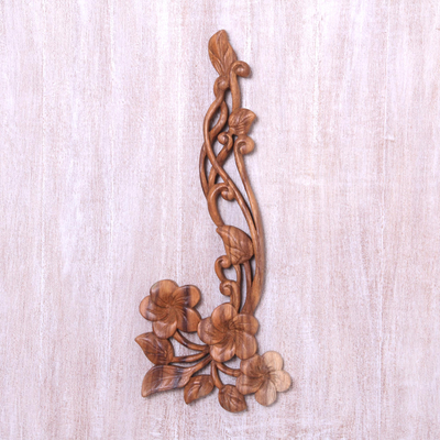 Wood relief panel, 'Frangipani Flourish' - Hand Carved Floral Suar Wood Wall Relief Panel