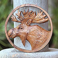 Wood relief panel, 'Moose Portrait' - Hand Carved Suar Wood Moose Wall Panel
