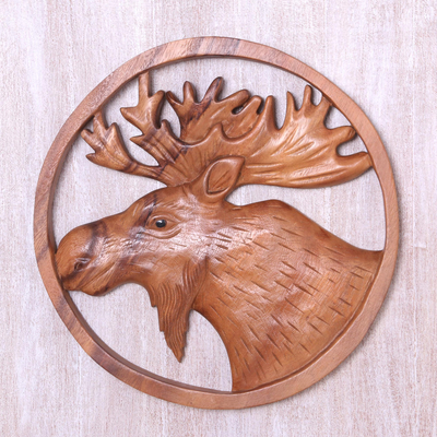 Wood relief panel, 'Moose Portrait' - Hand Carved Suar Wood Moose Wall Panel