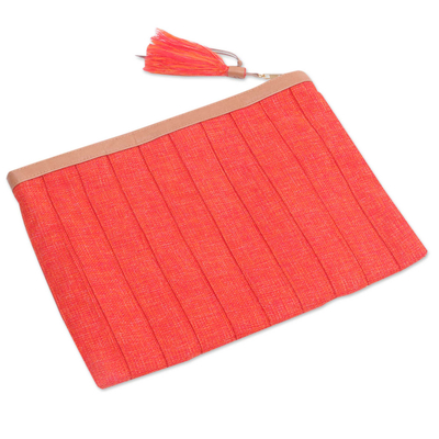 Leather Trim Tangerine Cotton Clutch Crafted in Java