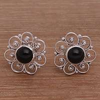 Onyx button earrings, 'Midnight Jepun' - Onyx and Sterling Silver Flower Motif Button Earrings