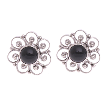 Onyx and Sterling Silver Flower Motif Button Earrings