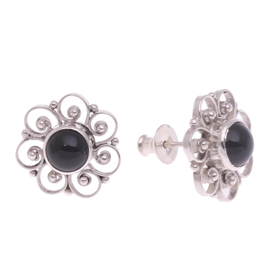 Onyx button earrings, 'Midnight Jepun' - Onyx and Sterling Silver Flower Motif Button Earrings