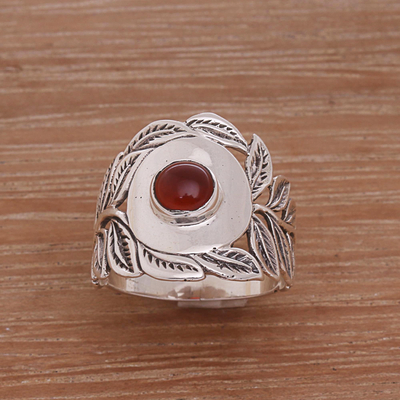 Carnelian cocktail ring, 'Bali Blessings' - Handcrafted Carnelian and Sterling Silver Leaf Cocktail Ring