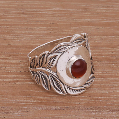 Carnelian cocktail ring, 'Bali Blessings' - Handcrafted Carnelian and Sterling Silver Leaf Cocktail Ring