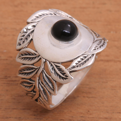 Onyx cocktail ring, 'Leaf Caress' - Leaf Motif Onyx Cocktail Ring from Bali