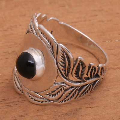 Onyx cocktail ring, 'Leaf Caress' - Leaf Motif Onyx Cocktail Ring from Bali