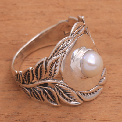 Cultured pearl cocktail ring, 'Leaf Caress' - Leaf Motif Cultured Pearl Cocktail Ring from Bali