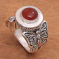 Carnelian cocktail ring, 'Butterfly Caress' - Butterfly Motif Carnelian Cocktail Ring from Bali