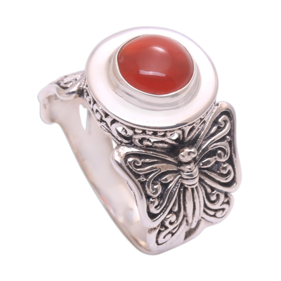 Carnelian cocktail ring, 'Butterfly Caress' - Butterfly Motif Carnelian Cocktail Ring from Bali