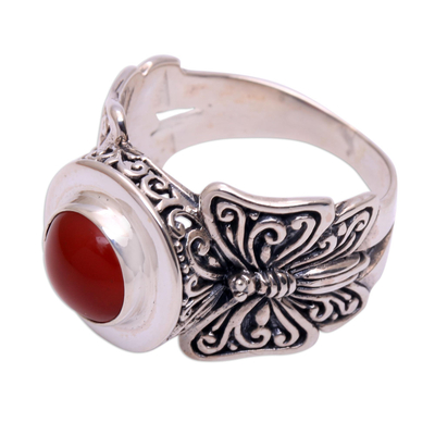 Carnelian cocktail ring, 'Butterfly Caress' - Butterfly Motif Carnelian Cocktail Ring from Bali