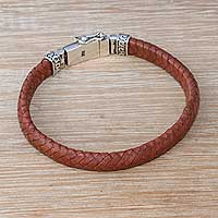 Brown Leather Wristband Bracelet Crafted in Bali,'Serene Weave in Brown'