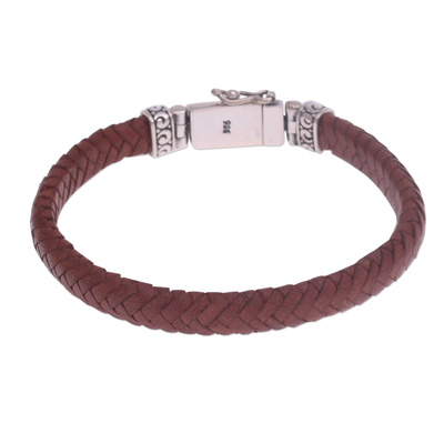 Lederarmband-Armband, 'Serene Weave in Brown'. - Armband aus braunem Leder, hergestellt in Bali