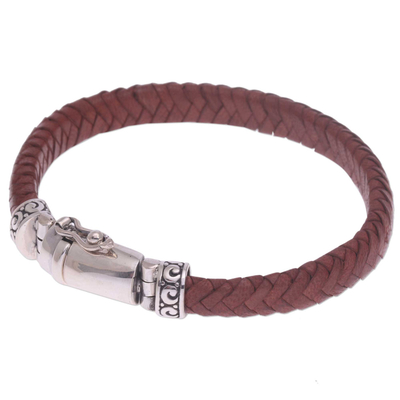 Leather wristband bracelet, 'Serene Weave in Brown' - Brown Leather Wristband Bracelet Crafted in Bali