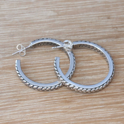 Sterling silver half-hoop earrings, 'Textured Hoops' - Braid Motif Sterling Silver Half-Hoop Earrings from Bali