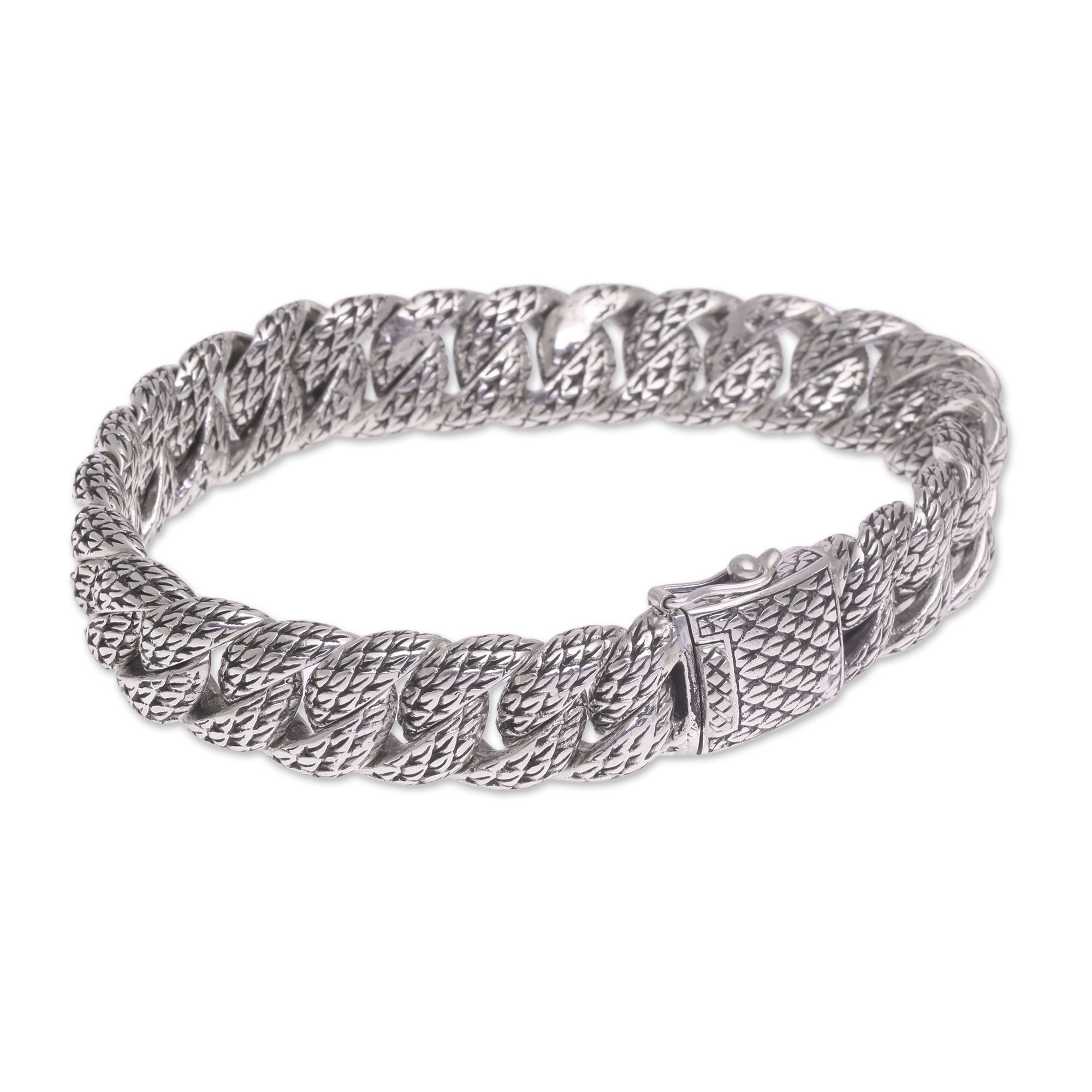 Men's Sterling Silver Link Bracelet from Bali Slithering Dragon NOVICA