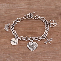 Pulsera con dijes de plata de ley, 'Amor y dicha' - Pulsera con dijes de plata de ley Peace Love and Bliss