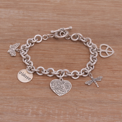 Charm-Armband aus Sterlingsilber - Charm-Armband „Frieden, Liebe und Glückseligkeit“ aus Sterlingsilber