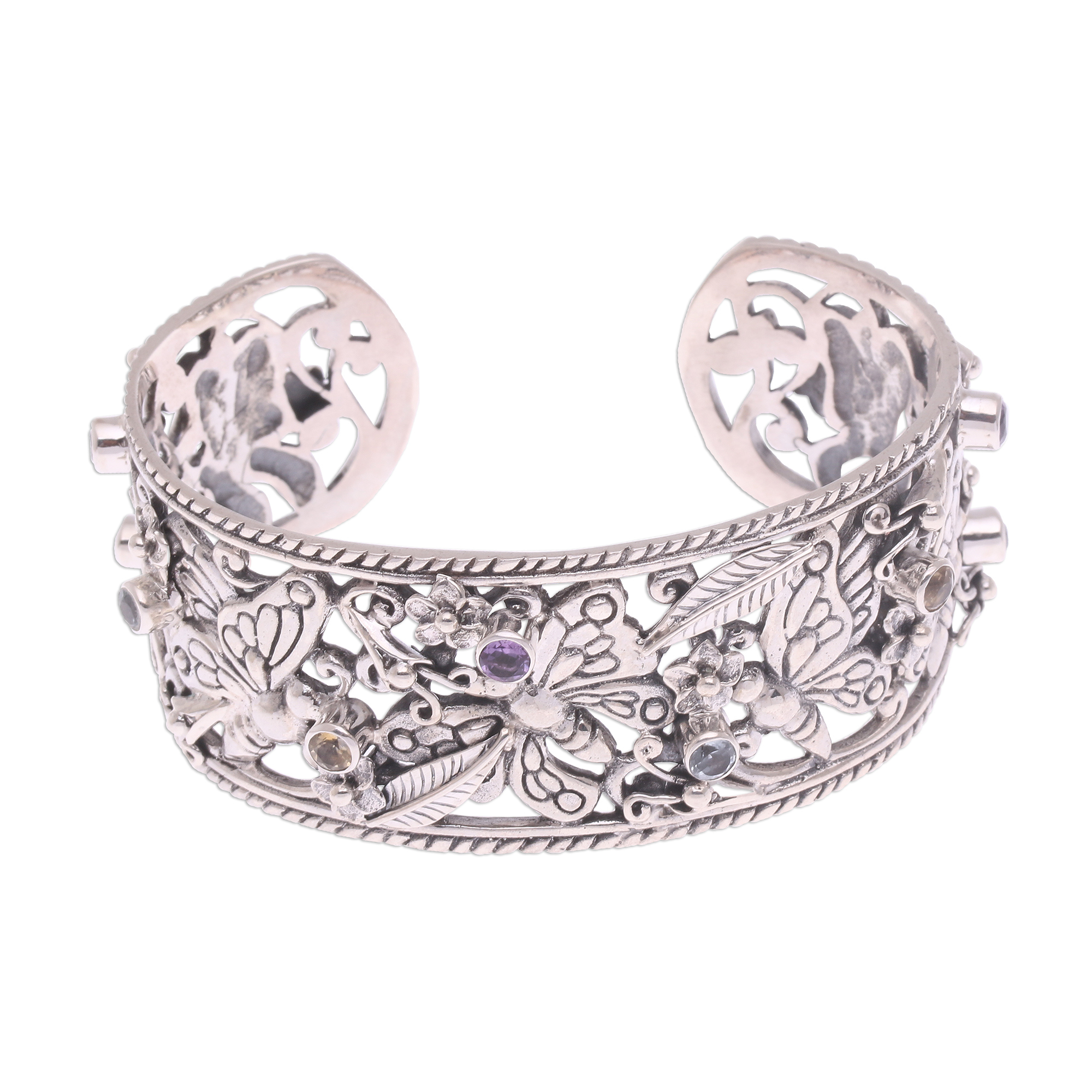 Multi-Gemstone and Sterling Silver Butterflies Cuff Bracelet - Dazzling