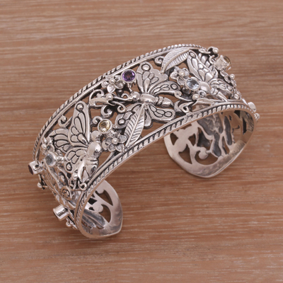 Multi-gemstone cuff bracelet, 'Dazzling Butterflies' - Multi-Gemstone and Sterling Silver Butterflies Cuff Bracelet