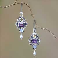 Multi-gemstone dangle earrings, 'Intricate Beauty' - Multi-Gemstone and Ornate Sterling Silver Dangle Earrings