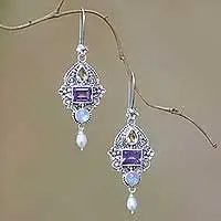 Multi-gemstone dangle earrings, 'Intricate Beauty' - Multi-Gemstone and Ornate Sterling Silver Dangle Earrings