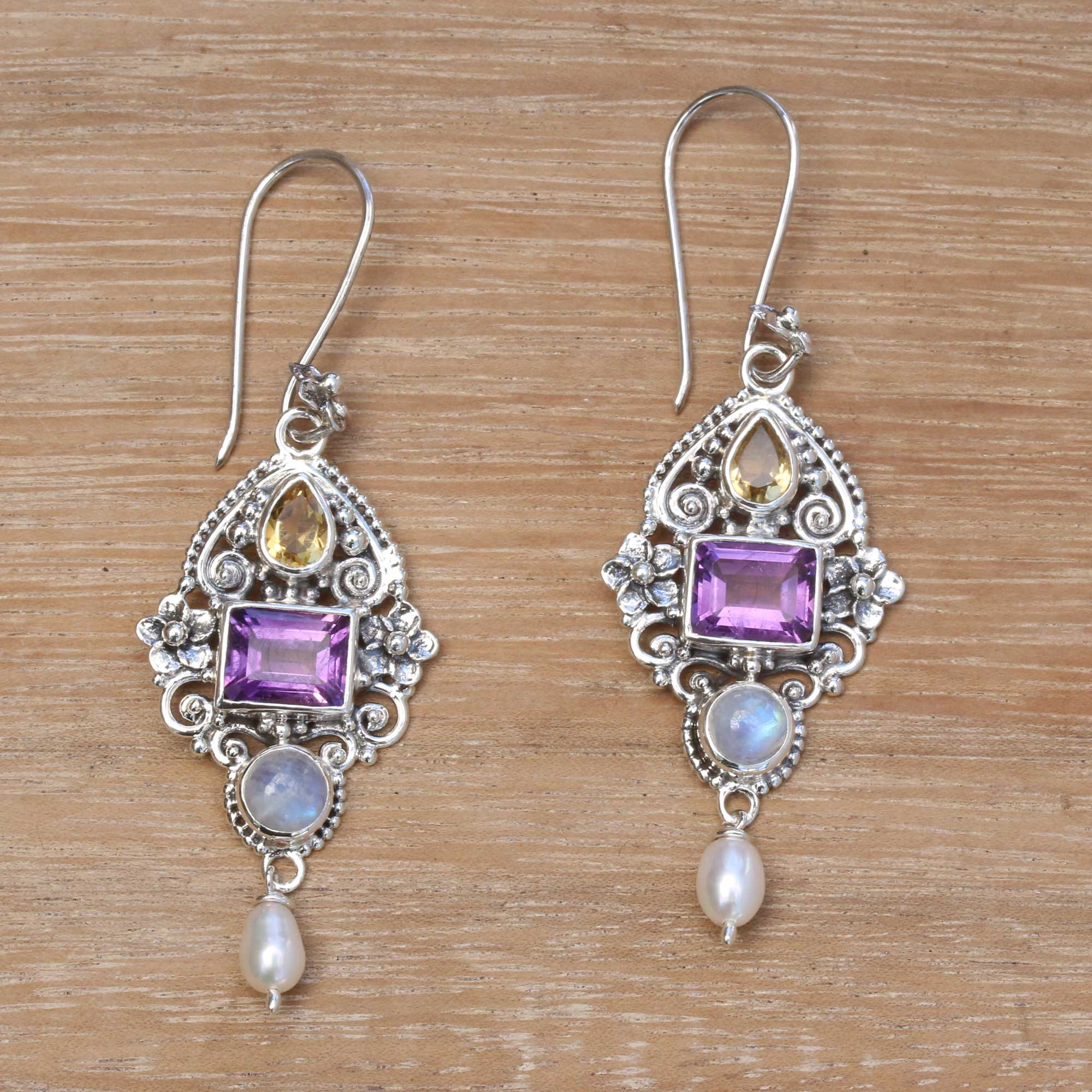 Multi Gemstone And Ornate Sterling Silver Dangle Earrings Intricate Beauty Novica 9340