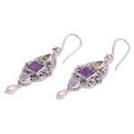 Multi-gemstone dangle earrings, 'Intricate Beauty' - Multi-Gemstone and Ornate Sterling Silver Dangle Earrings