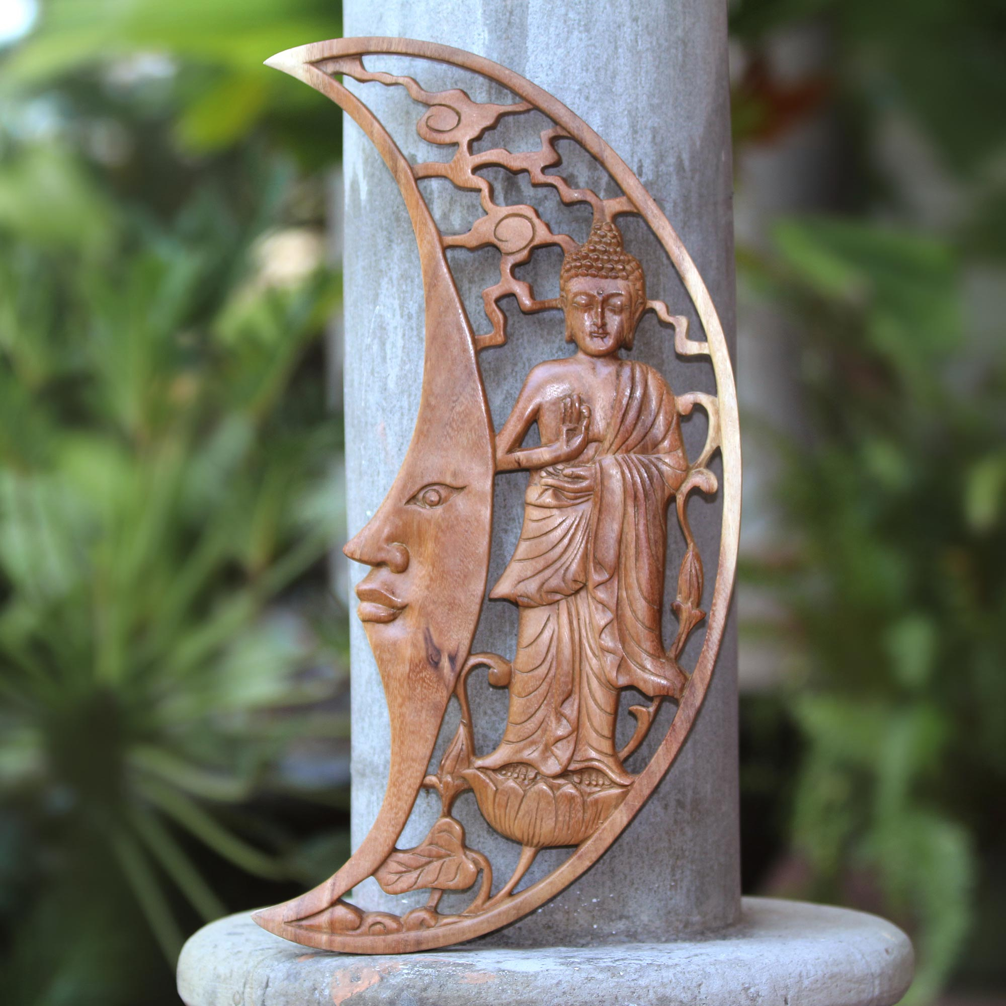 Fair Trade Hand Carved Made Wooden Sun Moon Wall Art Plaque Ornament Sculpture 
